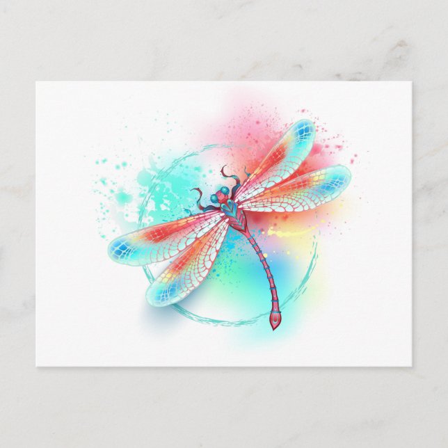 Invitation Carte Postale Dragonfly rouge sur l'arrière - plan aquarelle (Devant)