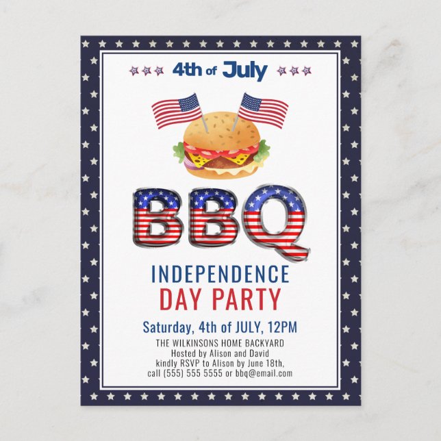 Invitation Carte Postale Drapeau américain Rouge Bleu 4 juillet BBQ (Devant)