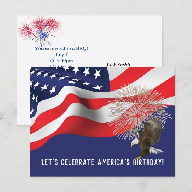 Invitation Carte Postale Drapeau et 4 juillet aigle (Devant / Derrière)