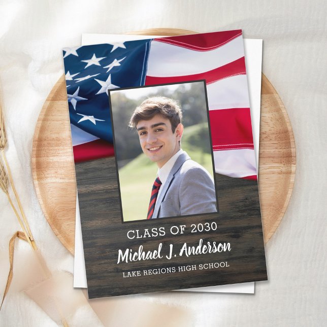 Invitation Carte Postale Drapeau patriotique USA Photo Graduation militaire (Créateur téléchargé)