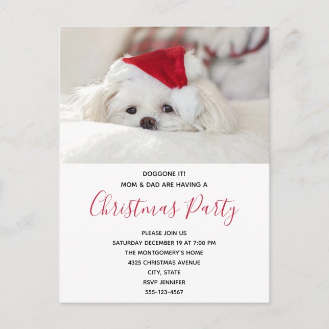 Invitation Carte Postale Drôle chien blanc dans une fête Casquette de Noël  (Devant)