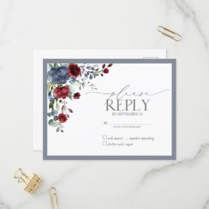 Invitation Carte Postale Dusty bleu Bourgogne rouge aquarelle florale RSVP