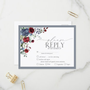 Invitation Carte Postale Dusty bleu Bourgogne rouge aquarelle florale RSVP
