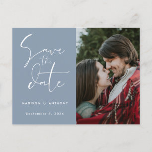 Invitation Carte Postale Dusty Blue Calligraphy Enregistrer la date Mariage