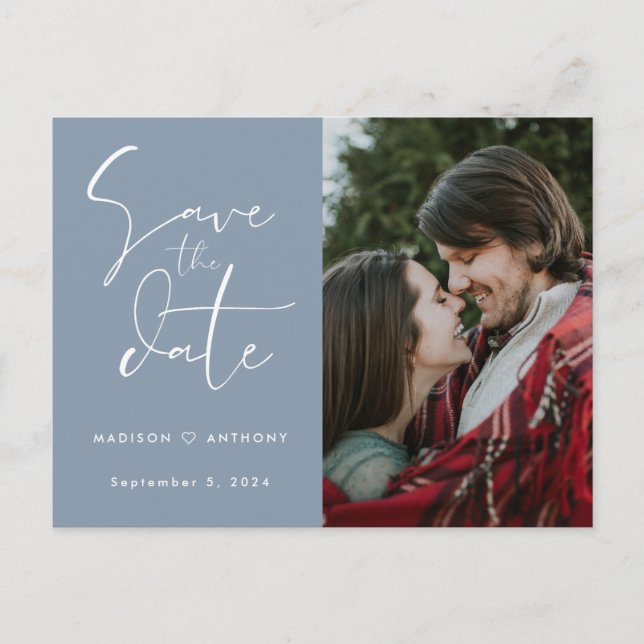 Invitation Carte Postale Dusty Blue Calligraphy Enregistrer la date Mariage (Devant)