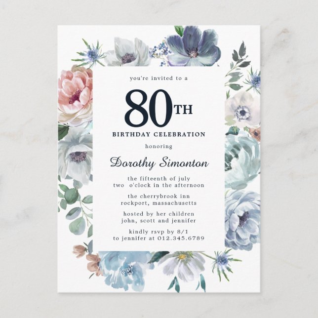 Invitation Carte Postale Dusty Blue Floral 80e anniversaire (Devant)