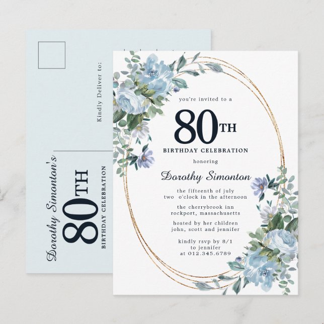 Invitation Carte Postale Dusty Blue Floral 80e Anniversaire Jolie invitatio (Devant / Derrière)