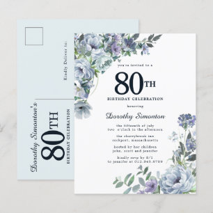 Invitation Carte Postale Dusty Blue Floral 80e Anniversaire Plutôt