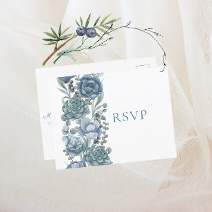 Invitation Carte Postale Dusty Blue Floral Succulents Mariage RSVP