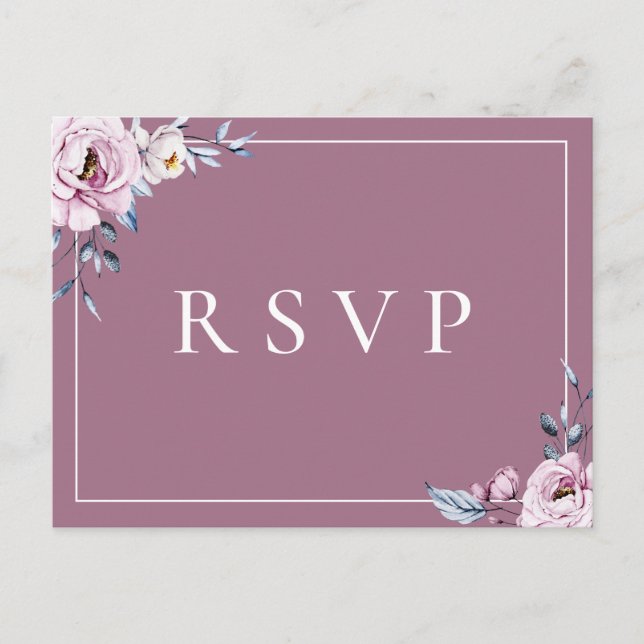 Invitation Carte Postale Dusty Blue Mauve Floral RSVP Song Choix (Devant)