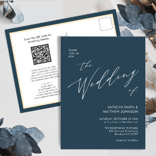 Invitation Carte Postale Dusty Blue QR Code Tout en un Mariage moderne chic