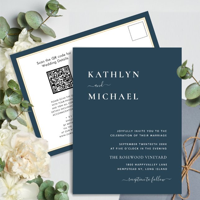 Invitation Carte Postale Dusty Blue QR Code Tout en un Mariage moderne chic (Créateur téléchargé)