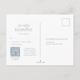 Invitation Carte Postale Dusty Blue QR Leafy Crest Monogramme Mariage RSVP
