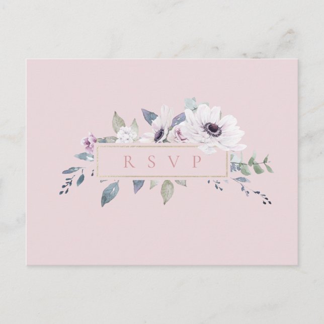 Invitation Carte Postale Dusty Floral Frame Blush Wedding RSVP Song Request (Devant)