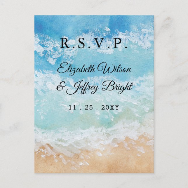 Invitation Carte Postale Eau Rustique Eté Mer Plage Mariage RSVP (Devant)