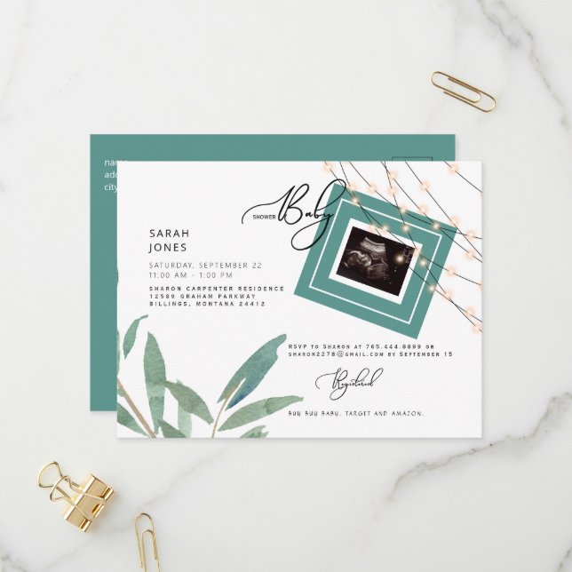 Invitation Carte Postale Éclairage & Folithe Baby shower Turquoise Ultrasou (Devant/Arrière en situation)