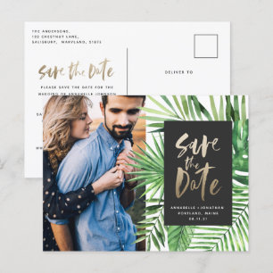 Invitation Carte Postale Écriture d'or tropical moderne design photo mariag