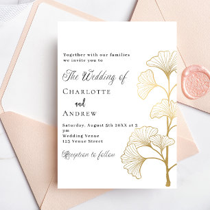 Invitation Carte Postale Écriture feuille en or blanc mariage