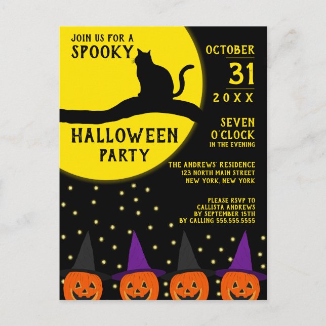 Invitation Carte Postale Éffrayant Black Cat Jack O'lantern Halloween Party (Devant)