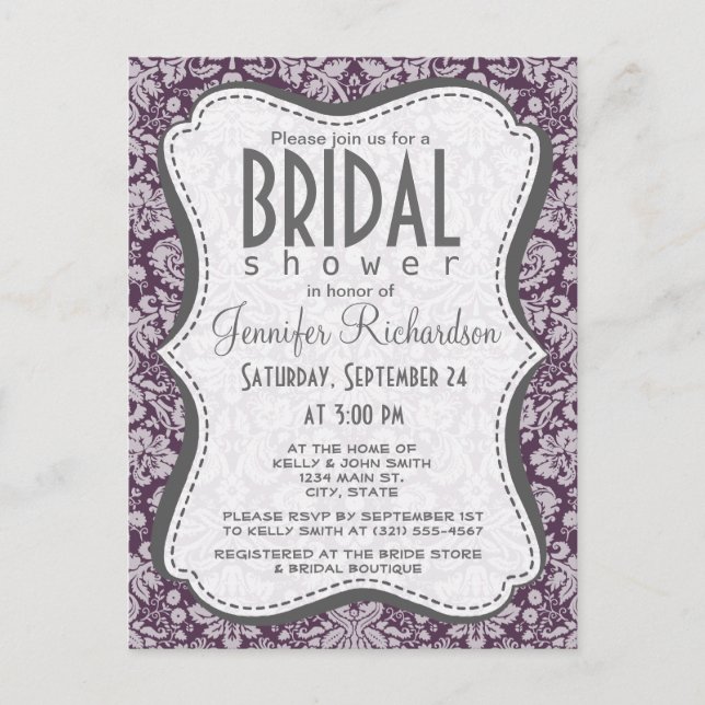 Invitation Carte Postale Éggplant Purple Damask (Devant)