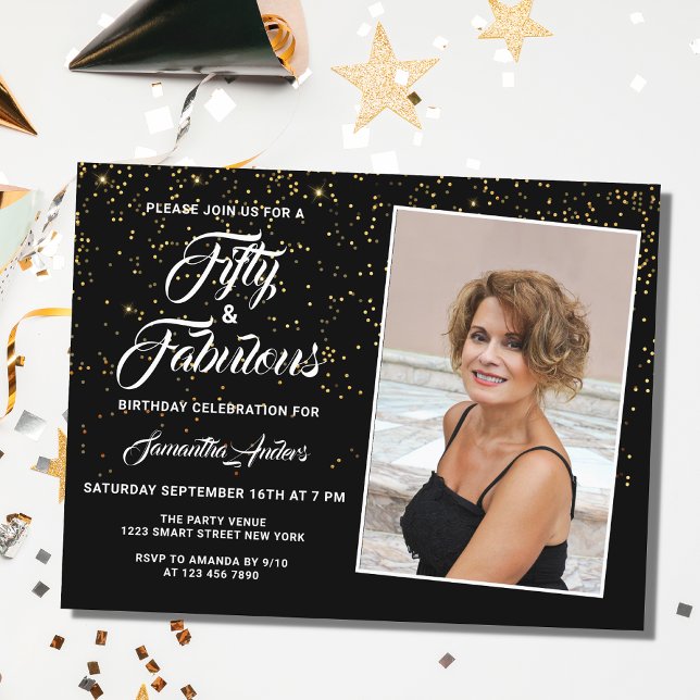 Invitation Carte Postale Elegant 50 et Fabulous Black Gold Parties scintill (Créateur téléchargé)