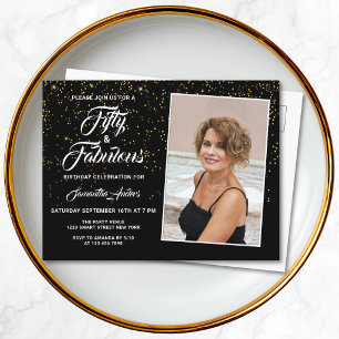 Invitation Carte Postale Élégant 50 et Paillettes Noir Or Photo 