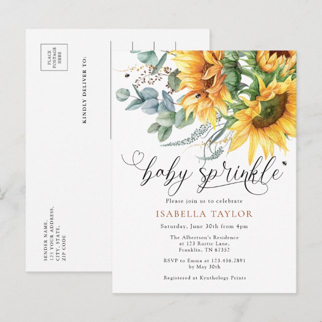 Invitation Carte Postale Élégant Baby shower de tournesol rustique (Devant / Derrière)