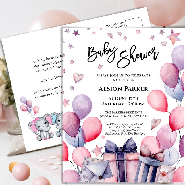 Invitation Carte Postale Elégant Ballons Bleus Rose Étoiles Baby shower cou (Créateur téléchargé)