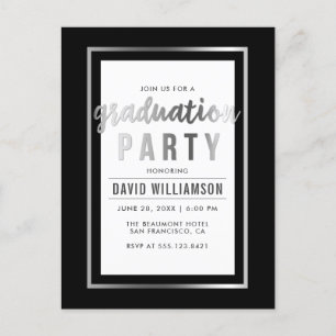 Invitation Carte Postale Elégant Black & Silver Typography Graduation Party