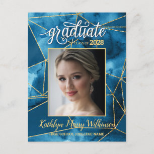 Invitation Carte Postale Élégant Bleu Parties scintillant or Script Photo G