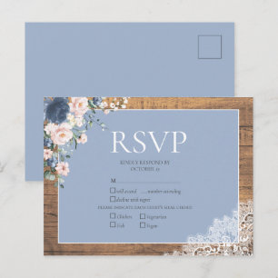 Invitation Carte Postale Élégant Bleu Poussiéreux Blush Fleurs de Mariage e