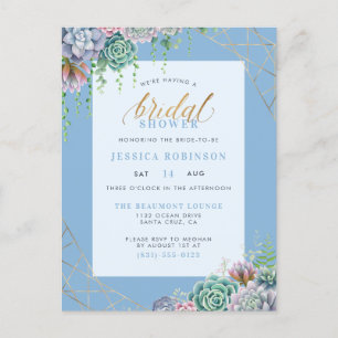 Invitation Carte Postale Elégant Blue Succulents & Gold Frame Fête des mari