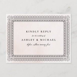 Invitation Carte Postale Elégant Blush & Black Watercolor Lace Wedding RSVP