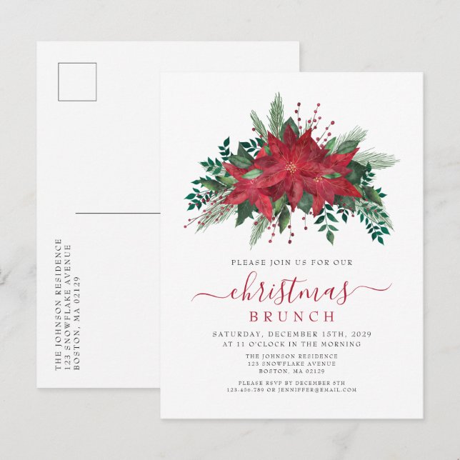 Invitation Carte Postale Élégant Brunch de Noël Rouge Poinsettia (Devant / Derrière)