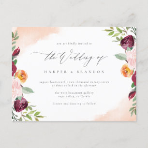 Invitation Carte Postale Élégant Burgundy Blush Floral Mariage
