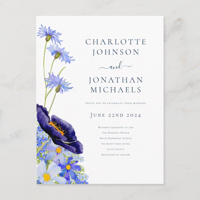 Invitation Carte Postale Elégant été floral bleu (Devant)