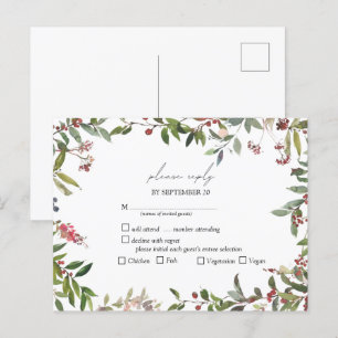 Invitation Carte Postale Elégant Fleur sauvage d'hiver Berry Wedding RSVP
