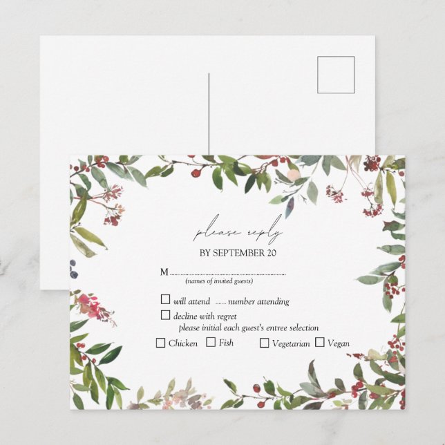 Invitation Carte Postale Elégant Fleur sauvage d'hiver Berry Wedding RSVP (Devant / Derrière)