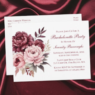 Invitation Carte Postale Élégant Floral Peony Bourgogne Bachelorette Party