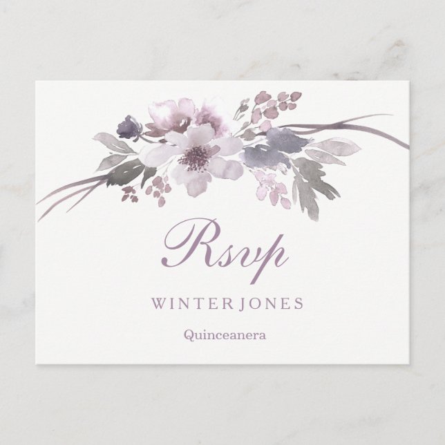 Invitation Carte Postale Elégant Floral Violet Hivernal Quinceanera RSVP (Devant)