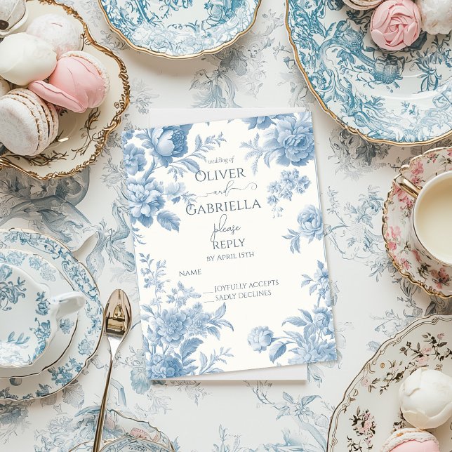 Invitation Carte Postale Elégant Français toile Bleu Floral Mariage RSPV (Créateur téléchargé)