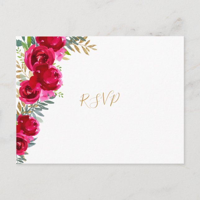 Invitation Carte Postale Elégant fuchsia floral or mariage rsvp + entrees (Devant)