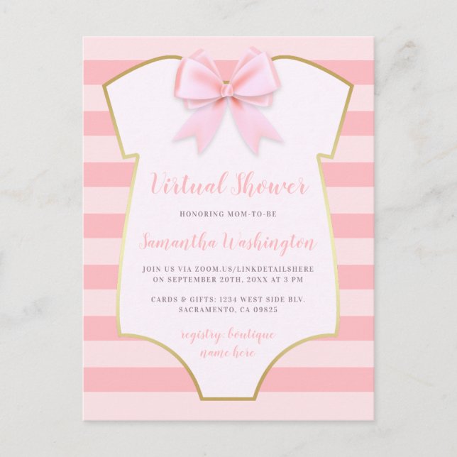 Invitation Carte Postale Elégant Gold & Pink Stripes Bow Douche virtuelle (Devant)