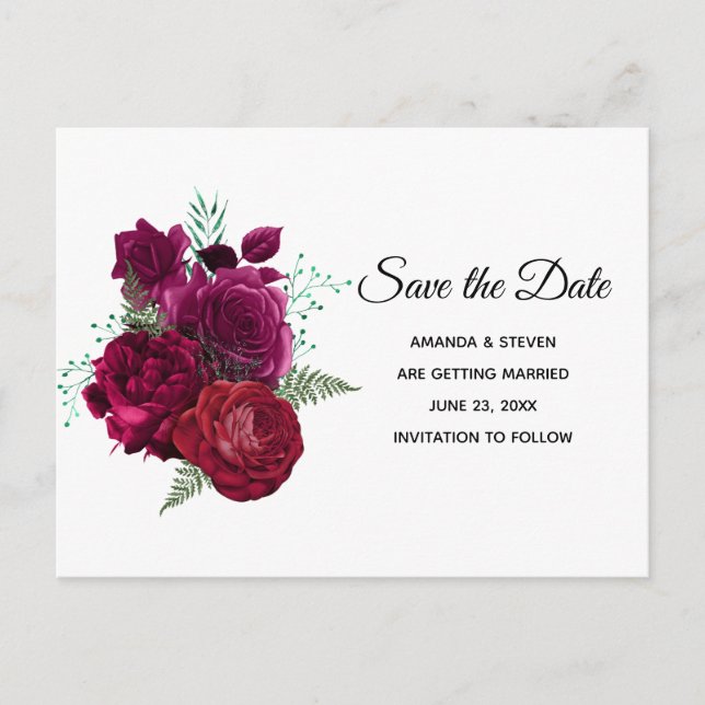 Invitation Carte Postale Elégant Magenta Rose Bouquet floral Enregistrer la (Devant)