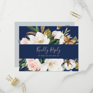 Invitation Carte Postale Elegant Magnolia Navy Demande de Chanson RSVP Cart
