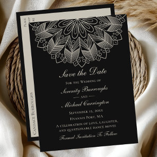 Invitation Carte Postale Elégant Mandala Boho Black Enregistrer la date Mar