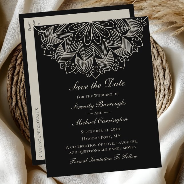 Invitation Carte Postale Elégant Mandala Boho Black Enregistrer la date Mar (Créateur téléchargé)
