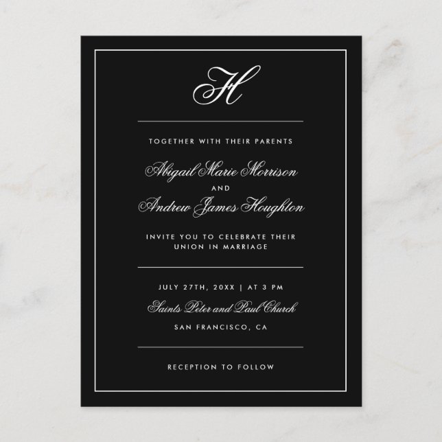 Invitation Carte Postale Élégant Mariage de script de monogramme noir et bl (Devant)
