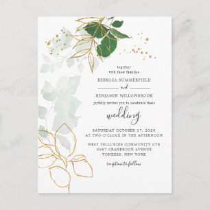Invitation Carte Postale Élégant Mariage de verdure Eucalyptus Gold Foliage