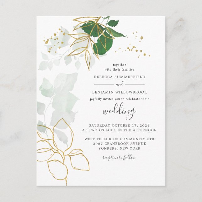 Invitation Carte Postale Élégant Mariage de verdure Eucalyptus Gold Foliage (Devant)